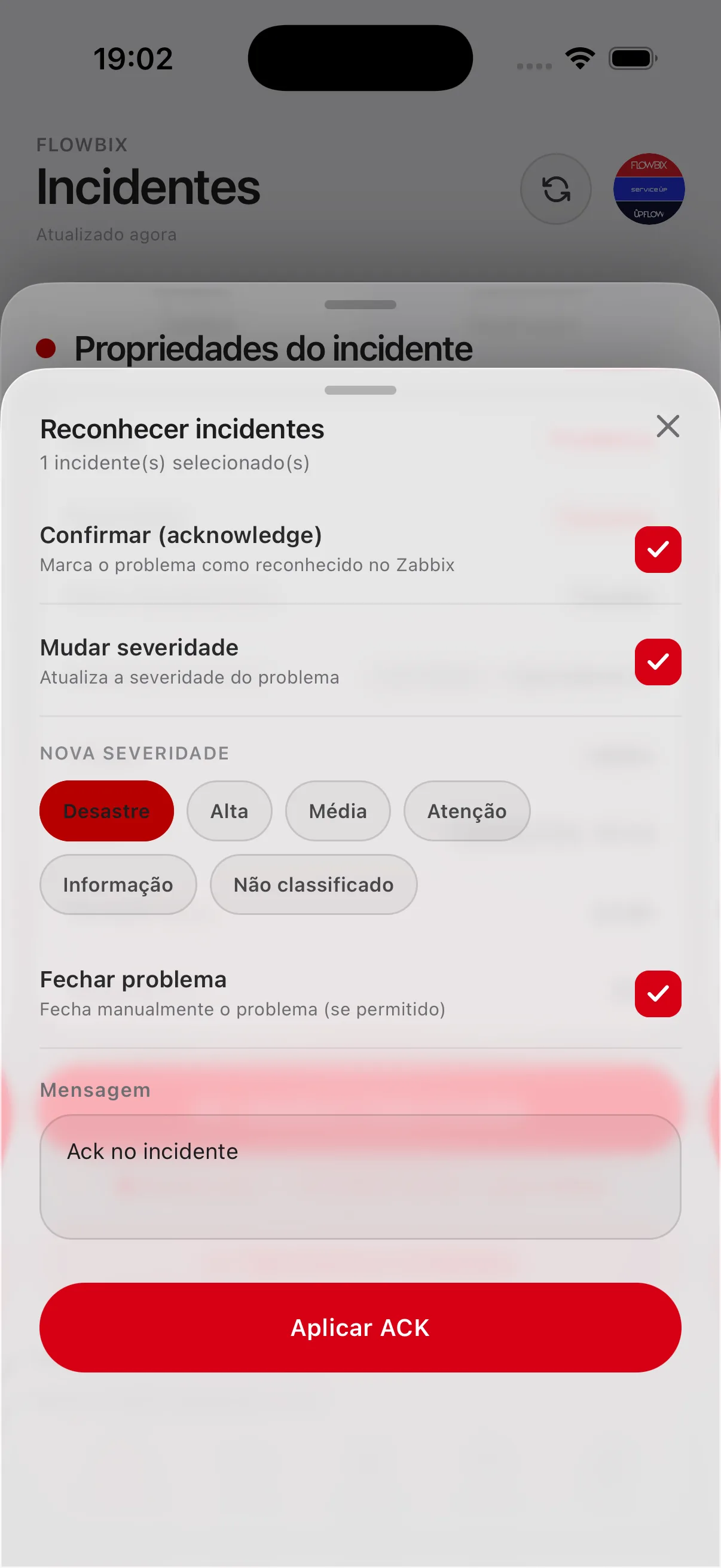 Incidente reconhecido com ACK no Sentrya