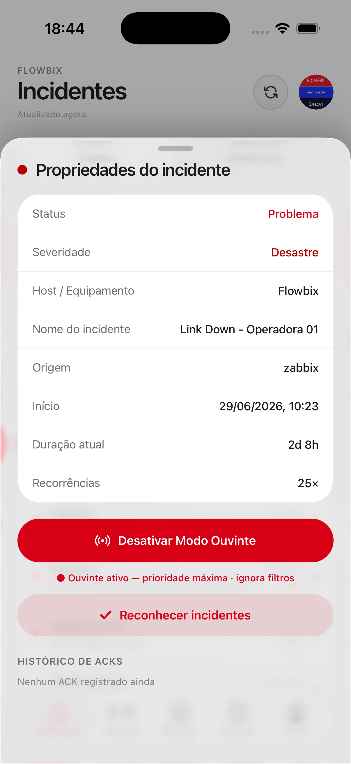 Propriedades do incidente