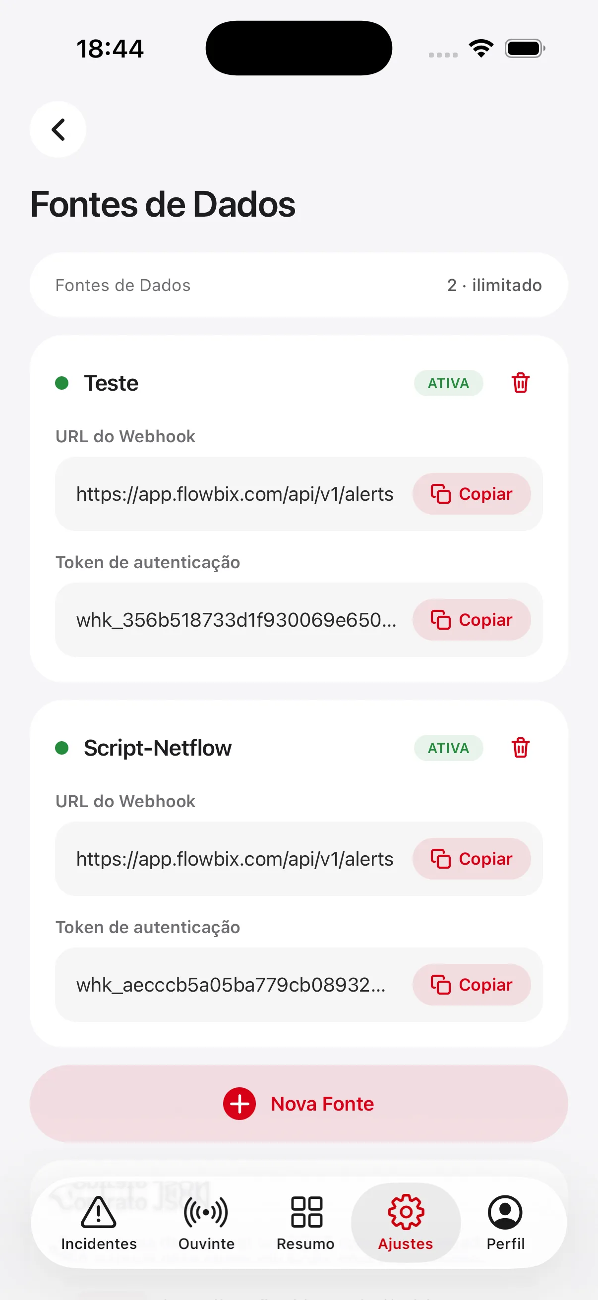 Fontes de dados webhook no Sentrya