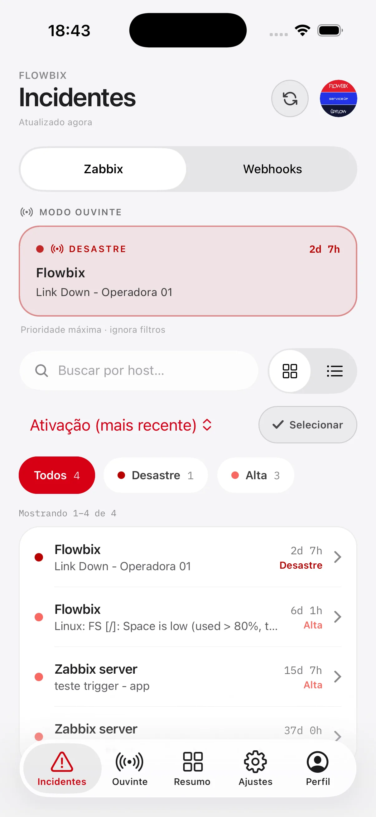 Tela de incidentes do Sentrya com alertas do seu monitoramento