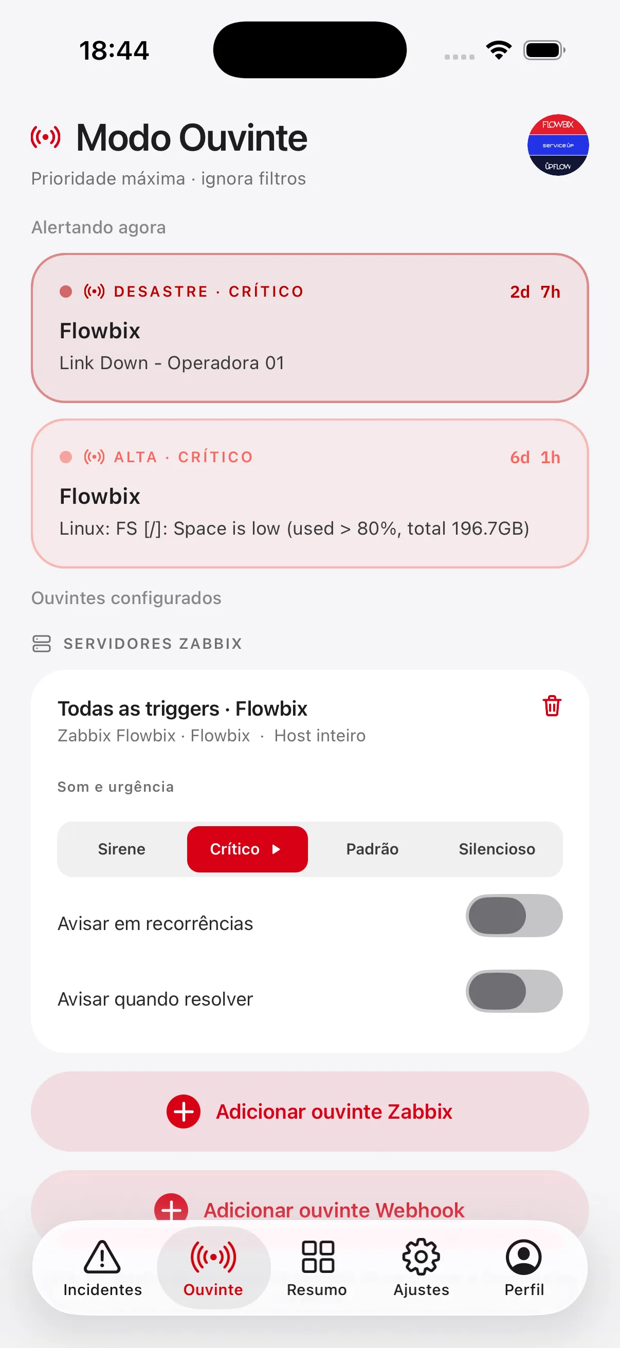 Modo Ouvinte do Sentrya alertando incidentes de prioridade máxima